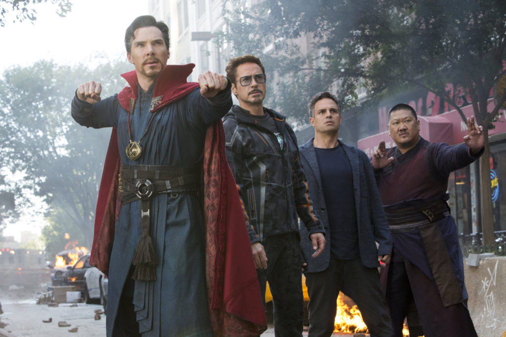 Benedict Cumberbatch, Robert Downey Jr, Mark Ruffalo and Benedict Wong in "Avengers Infinity War.