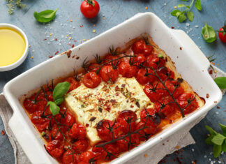 Baked Feta Pasta with sweet cherry tomatoes and herbs